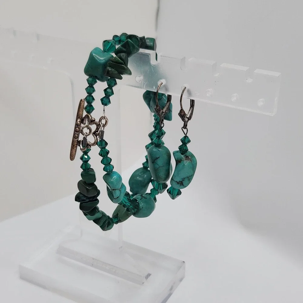 Boho‎ Turquoise Malachite 925 Sterling Silver Bracelet Earrings Set Green Glass